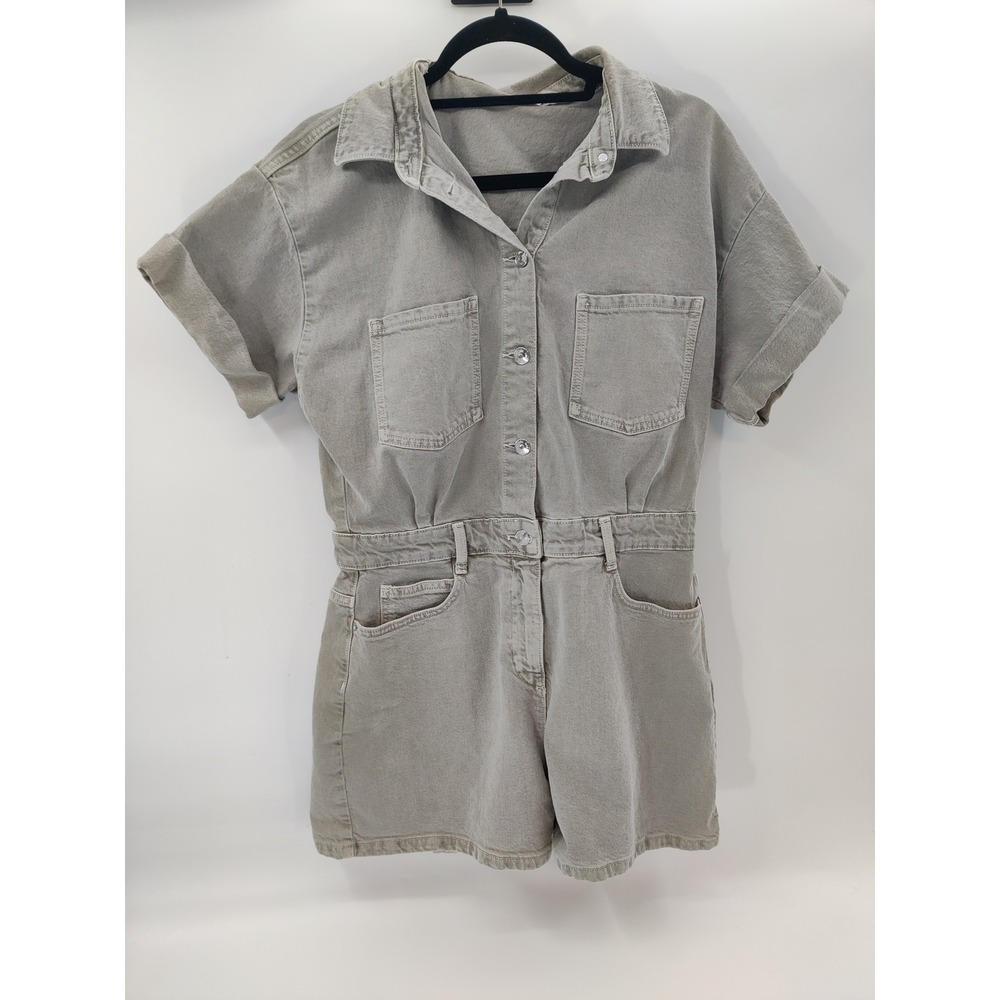 Zara Short-Sleeve Utility Denim Romper in Light grey